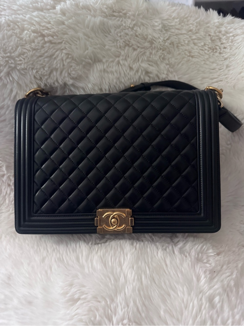 CHANEL Large Black Quilted Boy Bag with Gold CC Lock